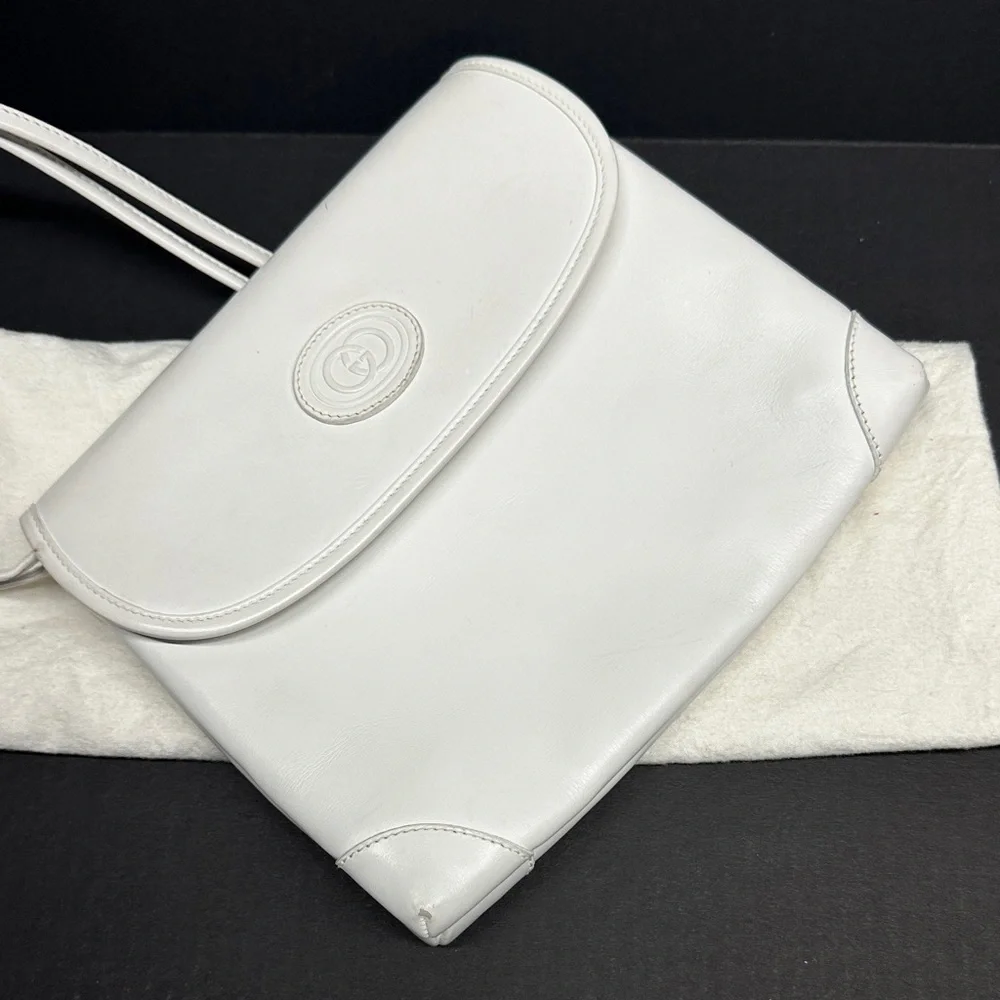 Gucci Purse Shoulder Bag Italian Leather Square White Gold Vintage With Dustbag - Picture 6 of 17